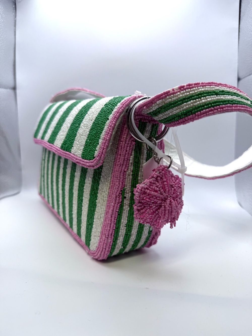 Striped Pink & Green Beaded Shoulder Bag - Picture 2 of 6